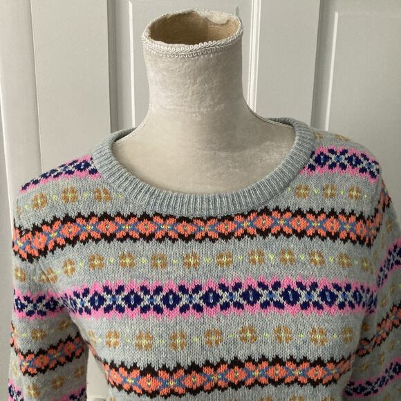 J Crew Women's Neon Fair Isle 100% Lambswool Gray Cozy pullover Sweater Small - Picture 3 of 12